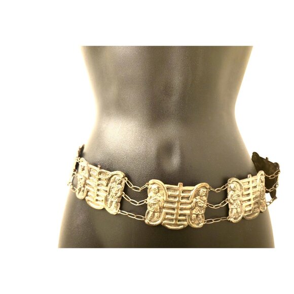 Vintage H.K. Carved Metal Figural Panel Belt – 30" with Extra Panel – 180g Heavy - Picture 4 of 8
